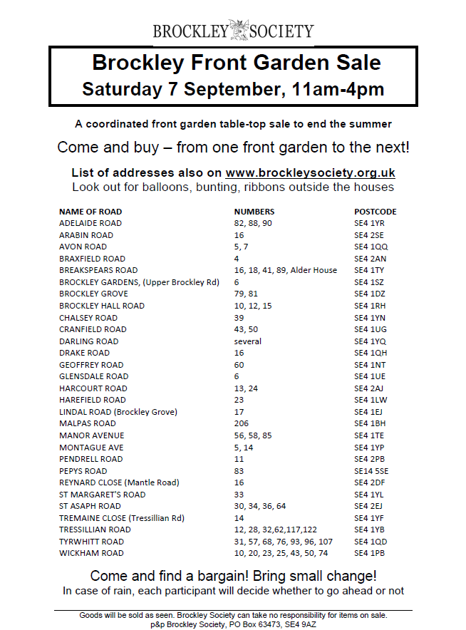 Brockley Front Garden Sale Saturday 7 September, 11am-4pm