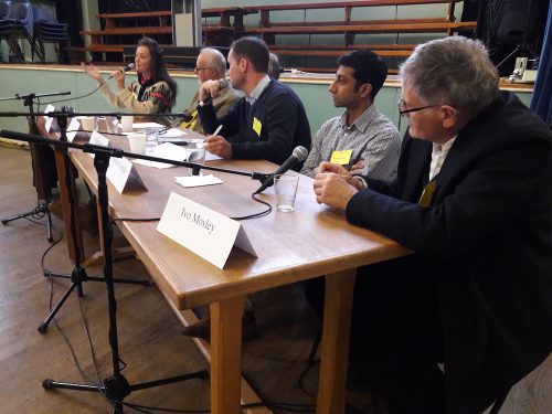 The panel during Session 1 (Participation and Democracy). L-R: Camilla Berens, Michael O’Keefe, Sean Coughlan (hidden), Oliver Lewis, Swetam Gungah, Ivo Mosley.